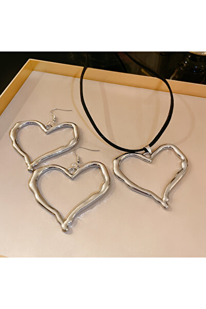 Choice طقم مجوهرات فضي معدني بتصميم قلب غير منتظم للنساء، يتكون من قطعتين: قل...