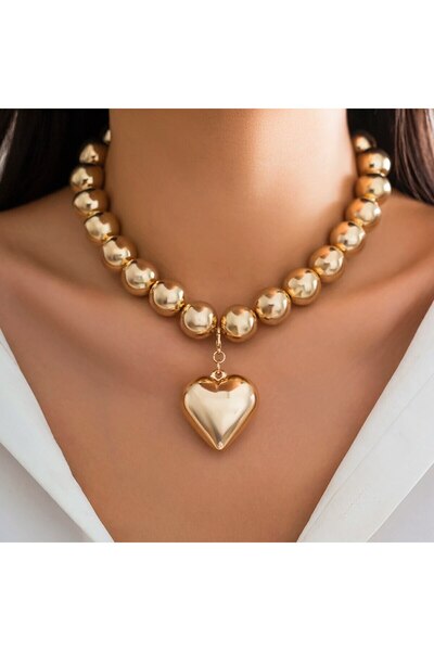 Choice قلادة تشوكر ذهبية اللون بتصميم قلب كبير بنمط بانك، مزينة بسلسلة خرز سم...