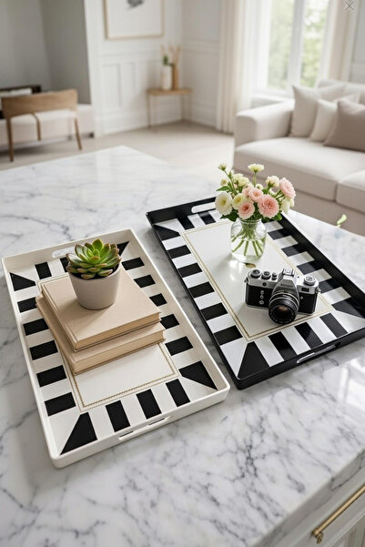 Vivenca 2 adet Çizgili Desenli Servis Tepsisi 38x28x3,5 cm, Siyah-Beyaz