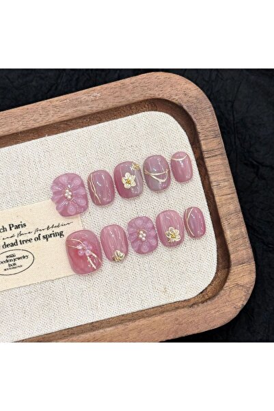 Choice XS 10pcs Purple Short Round Press On Nails Gold Foil Floral 3D Carving...