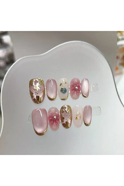 Choice 1-M 10 قطع أظافر صناعية قصيرة بيضاوية الشكل مصنوعة يدويًا، لامعة ثلاثي...