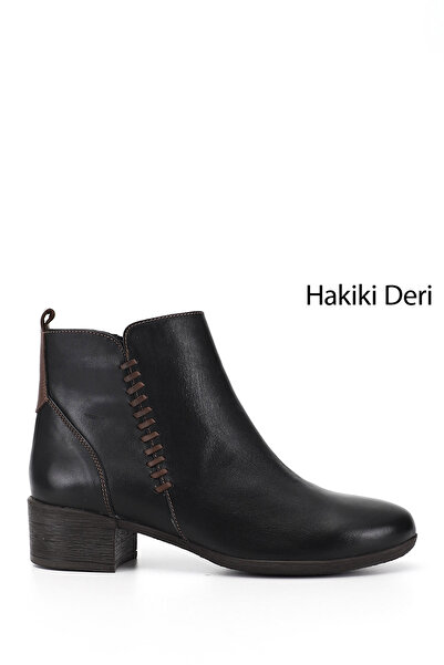 GÖNDERİ(R) Women's Black Zippered Thick Heeled Genuine Leather Boots