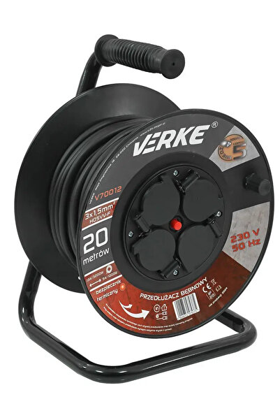 VERKE Cablu prelungitor pe bobină, Verke, 20m, 4 prize, 3X1.5 mm, V70012