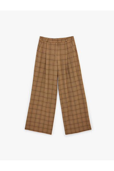 Koton Wide Leg Plaid Trousers with Pockets and Pleated Detail