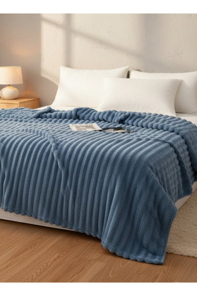 LUNA HOME بطانية مخططة فائقة النعومة، زرقاء.