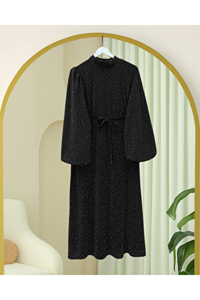 Modamorfo Hakim Collar Belted Stoned Lined Dress -Black