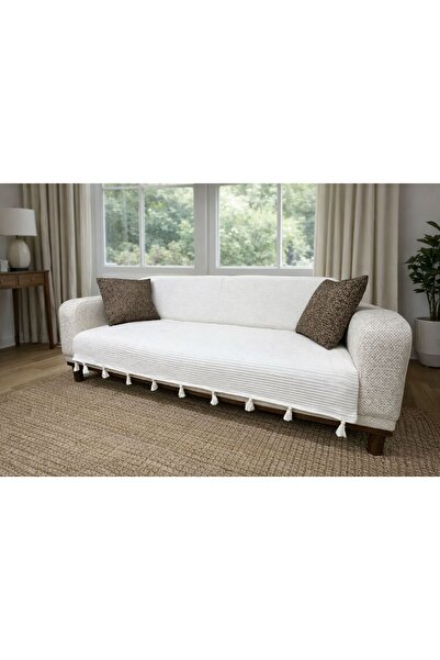 Doğa Tasseled Shawl Model White Sofa Cover 170X230 |   100% Cotton Knitted, N...