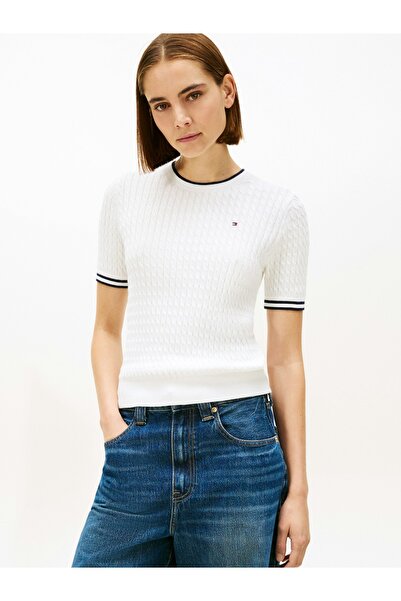 Tommy Hilfiger CO CABLE C-NK SS SWT Kadın Beyaz Kazak - WW0WW41787