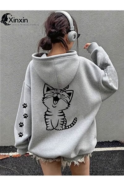 ship master Women's Hooded Sweatshirt with Cute Cat and Paw Print, Comfortabl...