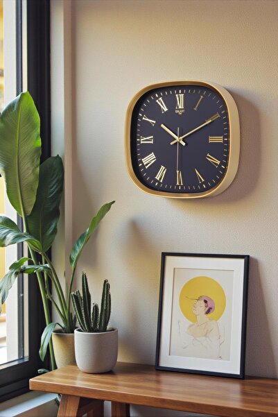 GALAX Gold Çerçeve Lacivert Kadran Gold Rakamlı Duvar Saati 31 cm