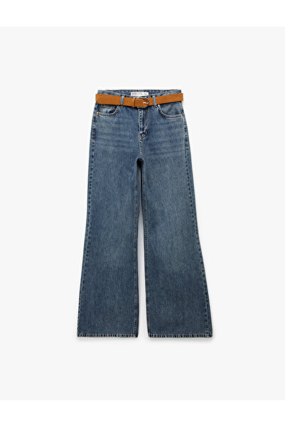 Koton Cotton Belted Spanish Flare Denim Trousers - Flare Jeans