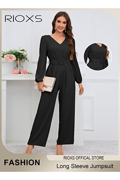 RIOXS Women's V Neck Long Sleeve Jumpsuit, Elegant Lantern Sleeves Loose Stra...