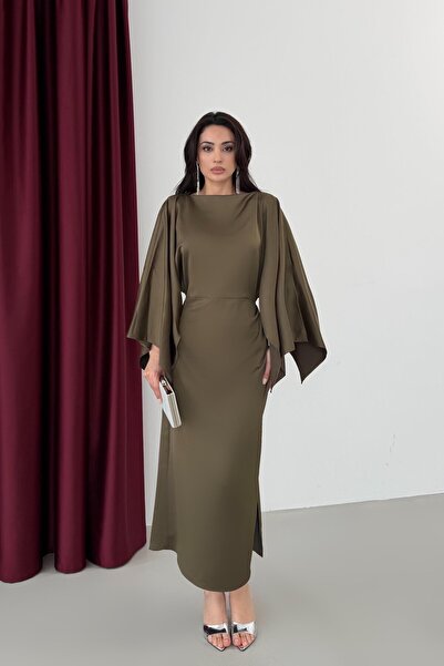 Serica Moda Khaki bat sleeve waist satin dress