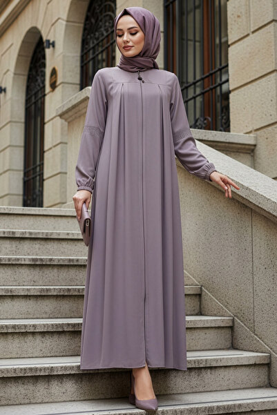 N.S NEVA STYLE Zippered Beige Hijab Abaya 45299Bej