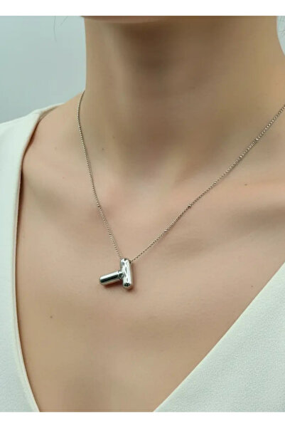 BİJU YILMAZ قلادة بحرف T من الفولاذ الفضي بالون - 25-clkk34