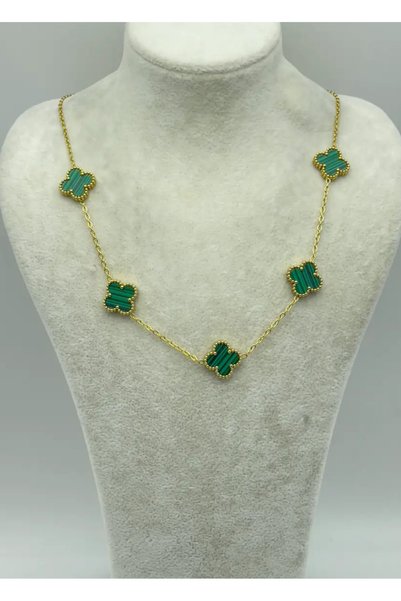 BİJU YILMAZ Steel Gold Green Clover Necklace - 25-Ync18