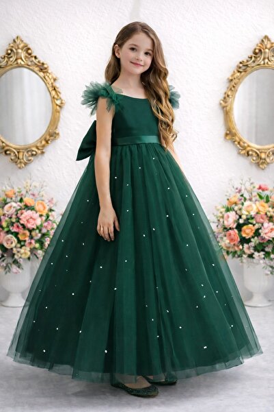 SUNEH Φόρεμα με βολάν μανίκια σμαραγδί πράσινο μακρύ με πέρλες κοριτσίστικο φ...