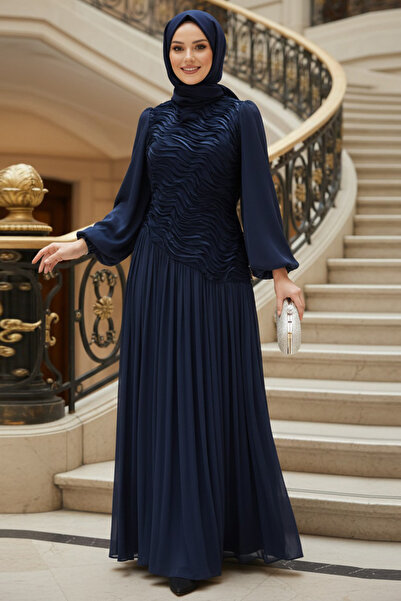 N.S NEVA STYLE Wave Pattern Gathered Navy Blue Hijab Evening Dress 5538L