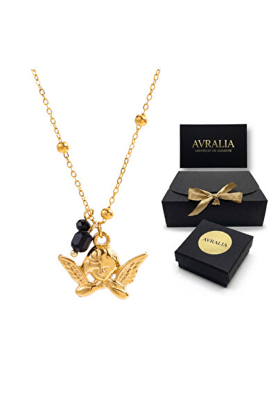 AVRALIA Lănțișor Premium Placat cu Aur 18K – Pandantiv Îngeraș și Cristale Negre