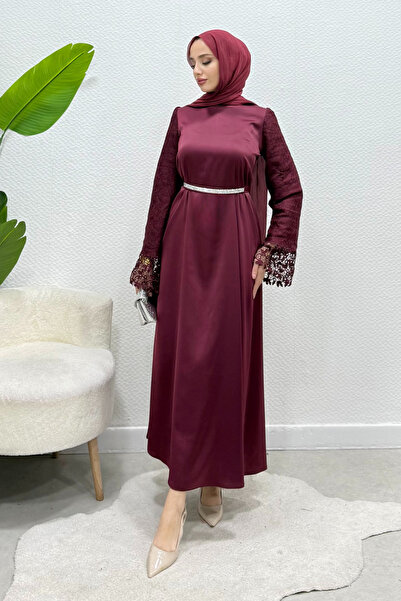 Tesettür Diyarı Lacel Lace Belted Stoned Satin Hijab Evening Dress - Burgundy