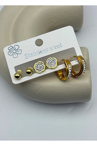 BİJU YILMAZ Steel gold 6-piece stone earring set - 25-clk89