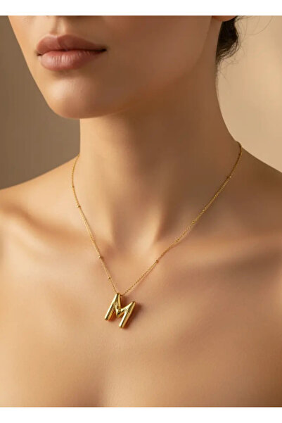 BİJU YILMAZ قلادة على شكل حرف M من الفولاذ الذهبي - 25-clkk12