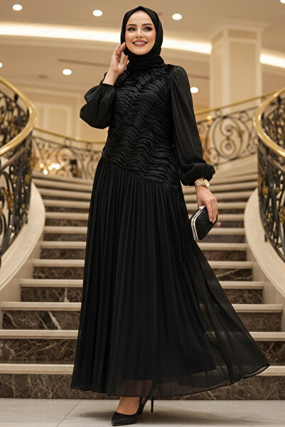 N.S NEVA STYLE Wave Pattern Gathered Black Hijab Evening Dress 5538S