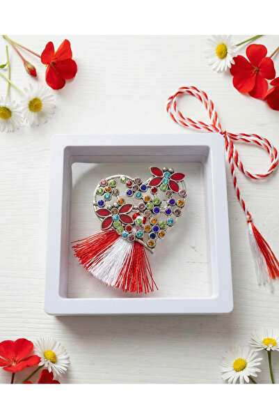 OEM Silver heart martisor brooch with stones in a box with 3D display, 9cm