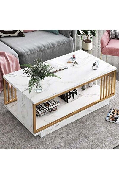 Türkiye Modern Living Room Coffee Table with Open Shelf Storage, White Marble...