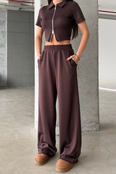 BEJNA Women's Double Zipper Detailed Modal Textured Top and Bottom Set