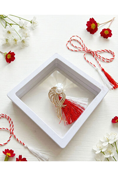 OEM Stylized golden martisor brooch with rhinestones and pearl in a 3D displa...