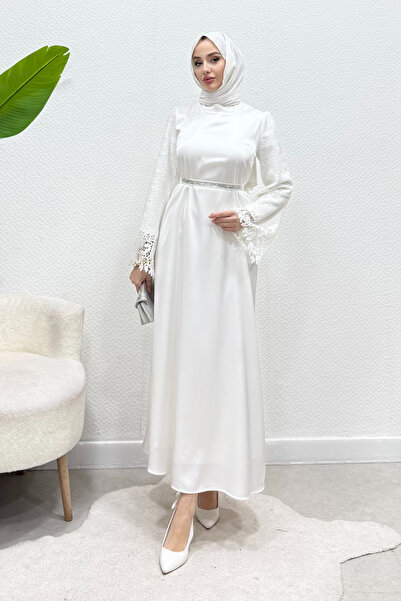 Tesettür Diyarı Δαντελωτή Ζώνη με Πέτρες, Σατέν Βραδινό Φόρεμα Τεσεττούρα - Λ...