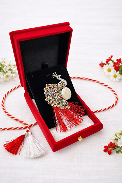 OEM Silver peacock brooch with rhinestones in red velvet chest box 8.5cm