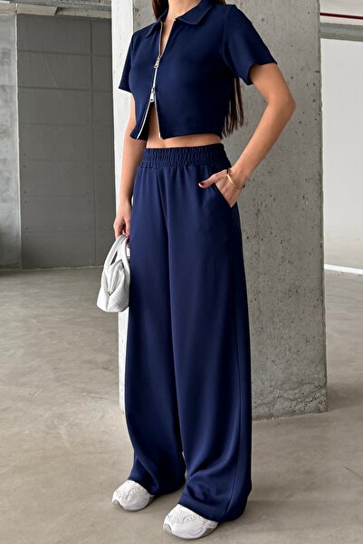 BEJNA Women's Double Zipper Detailed Modal Textured Top and Bottom Set