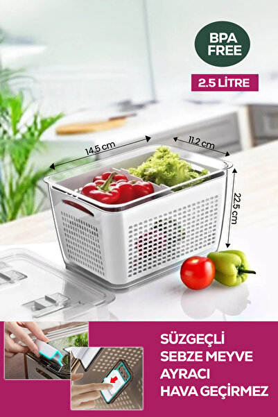 Vinoa 2.5 Liter Airtight Organizer Refrigerator Storage Container with Strainer