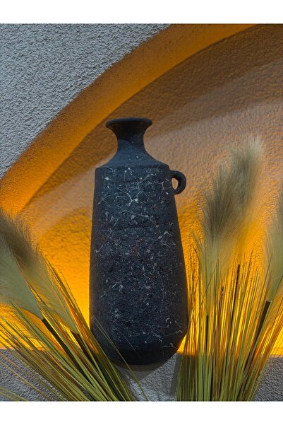 Ekodoğa 50 Cm Toprak Vazo Dar Ağızlı Kulplu Biblo Dekoratif Çömlek Süs Obje