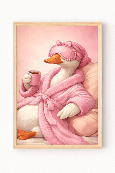 Viela Home Ahşap Çerçeveli Pembe Bornozlu Kahve İçen Ördek İllüstrasyon Poste...