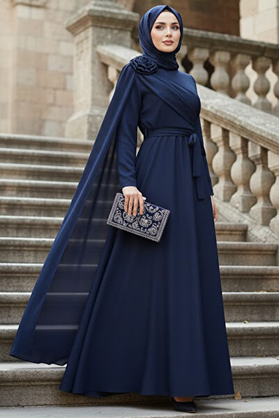 N.S NEVA STYLE - Cape Detailed Navy Blue Hijab Evening Dress 57915L