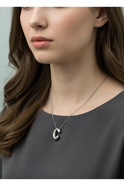 BİJU YILMAZ قلادة من الفولاذ الفضي على شكل حرف C - 25-clkk37