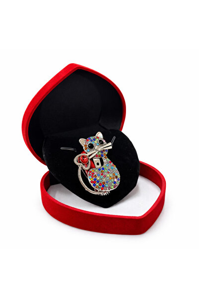 OEM Cat Brooch with Multicolored Rhinestones and Traditional Cord