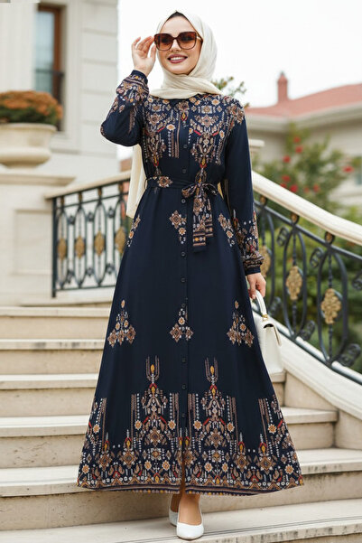 N.S NEVA STYLE Floral Patterned Navy Blue Hijab Dress 24084L