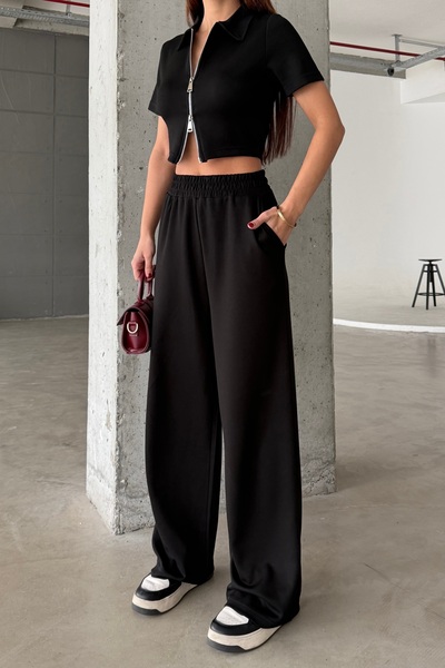 BEJNA Women's Double Zipper Detailed Modal Textured Top and Bottom Set