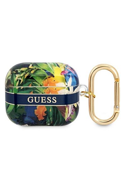 Guess Husă cu curea florală pentru Apple AirPods 3 - Husă TPU albastră cu imp...