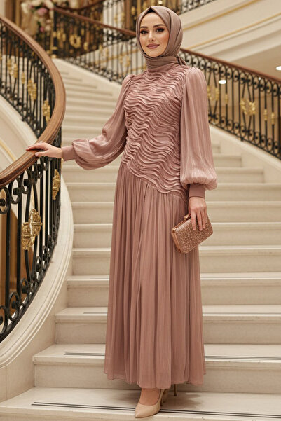 N.S NEVA STYLE Wave Pattern Gathered Salmon Hijab Evening Dress 5538Smn