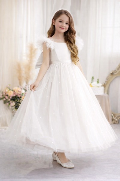 SUNEH Fırfır Kollu Beyaz Uzun İncili Kız Çocuk Prenses Elbise Mezuniyet Doğum...