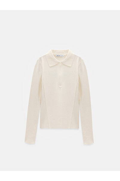 Dilvin 10862 Cashmere Blend Zippered Sweater-Ecru