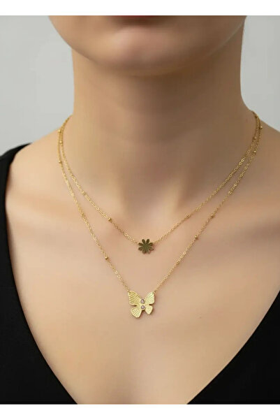 BİJU YILMAZ قلادة الفراشة المزدوجة من الفولاذ الذهبي - 25-clkk64