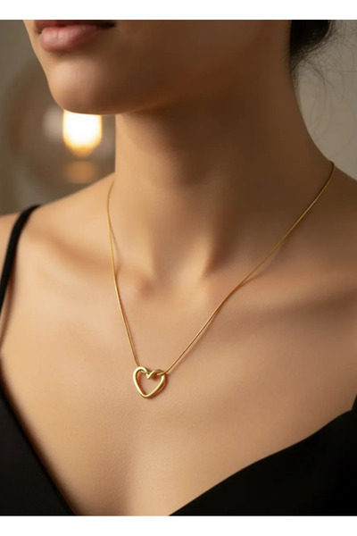 BİJU YILMAZ Steel Gold Heart Necklace - 25-Clkk55
