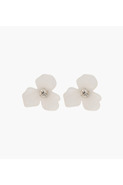 Lifestyle Silver Tone Floral Stone Embellished Earrings with Pushback Closure