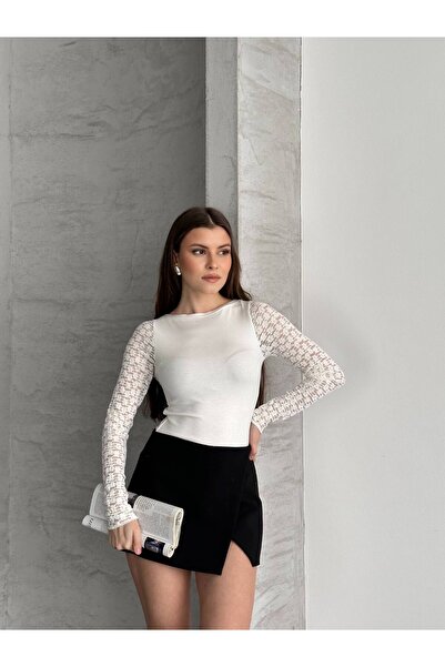 DONNA LISSA Women's Ecru Boat Neck Lace Sleeve Stylish Lightweight Blouse